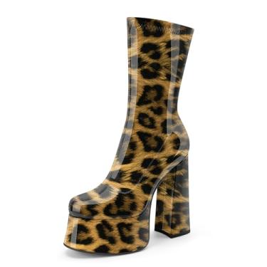 Imagem de Perisis Bota feminina de cano curto com plataforma GoGo, salto alto, redondo, com zíper, de couro, cano médio, para festa rave, Patente de leopardo marrom, 35
