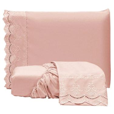 Imagem de Jogo De Lençol King Bordado Ingles Micropercal 300 Fios Toque De Algodão 3 Peças - Rose