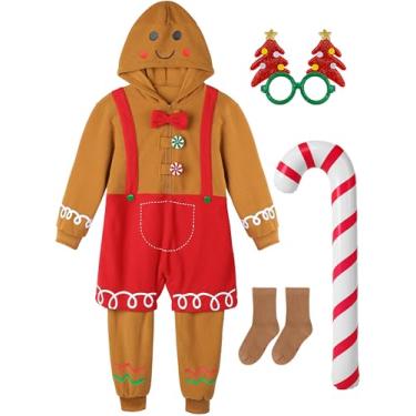 Imagem de AOTHSO 4 peças de fantasia infantil de homem de gengibre polar de lã polar macacão com capuz para meninas e meninos de Natal, Marrom, 7-8 Anos