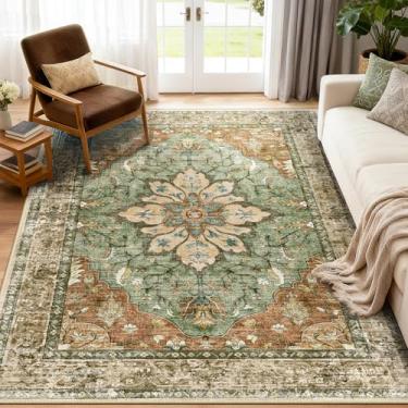 Imagem de RELEANY Tapetes de área 1,5 x 18 m lavável aspirador de pó, antiderrapante, estampa floral vintage tapete medalhão para sala de estar quarto tijolo vermelho ferrugem marrom neutro laranja verde