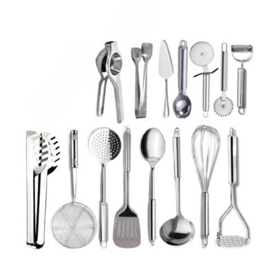 Imagem de Útensilio de Cozinha Kit Completo Peças em Inox, Pegador Concha Colher Espátula Espremedor Ralador (15)
