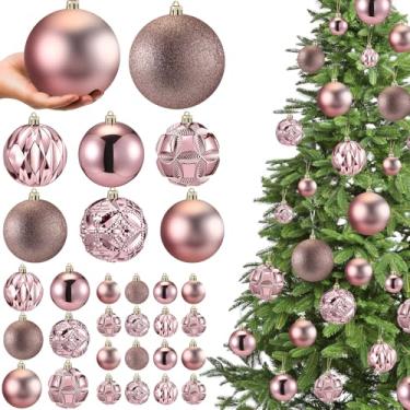 Imagem de Soulchen Conjunto de 46 bolas de Natal em ouro rosa, bolas penduradas em árvore de Natal inquebráveis, com 6 estilos em 4 tamanhos, ornamentos de plástico para decoração de festa de guirlanda de