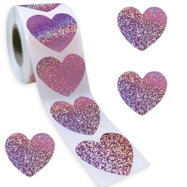 Imagem de 500 peças de adesivos roxos em forma de coração rolo de 2,5 cm adesivos brilhantes metálicos autoadesivos à prova d'água refletivo coração amor etiquetas decorativas para decoração de envelopes de dia