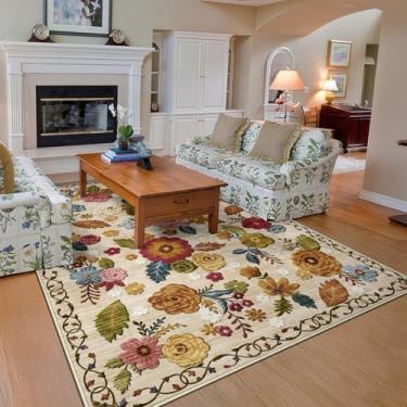 Imagem de GERUIMO Tapete lavável para sala de estar, bege vintage boho floral, grande, antiderrapante, tapete de lã sintética macia, adequado para crianças e animais de estimação, para quarto, sala de jantar