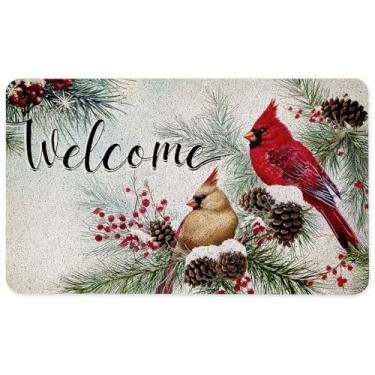 Imagem de WARDOS Tapete de boas-vindas de Natal cardeal de inverno, capacho cardeal vermelho rústico para porta da frente interna e externa, tapete de porta de Natal com neve, tapetes de banho de inverno, 43 x