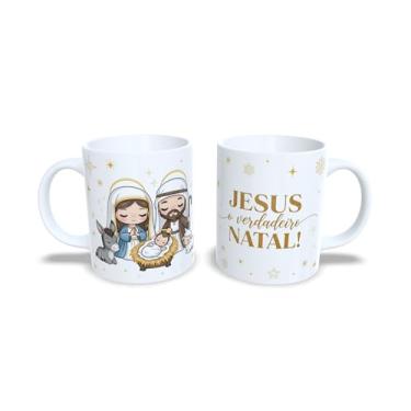 Imagem de Caneca Natalina de Cerâmica, Sagrada Família, Branca, 325ml, com Mensagem sobre o natal, e imagens de Jesus, Maria e José (23180)