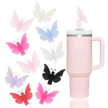 Imagem de YAYAYOUNG 10 peças de tampas de palha de borboleta 3D com glitter compatíveis com copos Stanley de 30 e 1,134 g, tampas de silicone reutilizáveis e fofas para copos Stanley de 10 mm Acessórios de