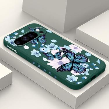 Imagem de LEECG Capa para Google Pixel 10 Pro, design de flor de silicone líquido fino para Pixel 10 Pro 6,3 polegadas, verde borboleta aurora