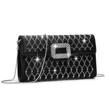 Imagem de BASABELA Bolsa clutch de strass para noite feminina formal elegante com alça de corrente para casamentos, coquetéis, festas de formatura, Preto, Small