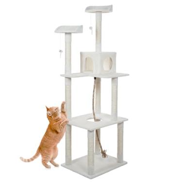 Imagem de Torre para gatos de 1,8 m – Poleiros para cochilos, condomínio para gatos, 9 postes de arranhar corda de sisal, brinquedos de pendurar e corda – árvore para gatos de interior da PETMAKER (marfim)