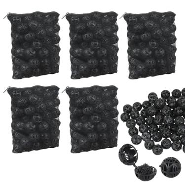 Imagem de 500 bolas bio-filtrantes pretas biológicas de 3,5 cm, meios de filtro de bioballs internos para filtro de lago, lagoa de carpas de aquário, reservatório de aquário com 5 peças de sacos de malha preta