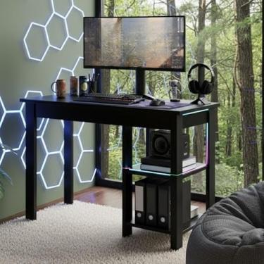 Imagem de Mesa Industrial para Computador com 2 Prateleiras Multiuso - Design Robusto e Funcional para Escritório e Home Office(MEL,Madeira)