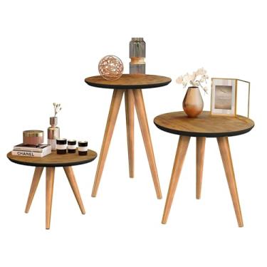 Imagem de Conjunto 3 Mesas Lateral Canto Apoio Centro Sala Redonda Tripé (5 - Freijó)