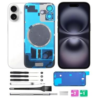 Imagem de Yuntunele Tampa traseira de vidro (inclui vidro de lente, suporte, ímã) Substituição compatível com iPhone 16 Plus Todas as operadoras com conjunto de ferramentas profissionais (branco)