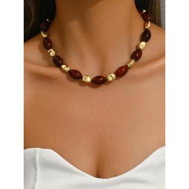 Imagem de Gargantilha feminina com contas de pedra de resina vermelha brilhante - corrente de clavícula curta - colar de temperamento distinto - presente simples e versátil