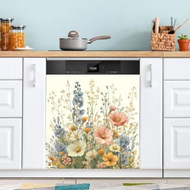 Imagem de ATTX Capa de ímã de lava-louças Herbal Wildflowers, 58,4 cm C x 66 cm A decoração da capa da máquina de lavar louça, decalques de armário doméstico eletrodomésticos adesivos #183