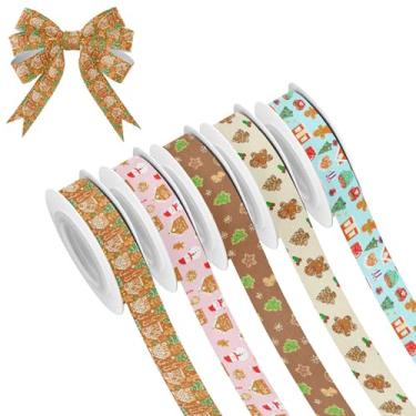 Imagem de SEHANY 5 rolos de fita de Natal 0,59 polegadas 5 jardas fitas de tecido de gengibre de Natal fitas de cetim festivas fitas decorativas de Natal para embrulho de presente faça você mesmo artesanato