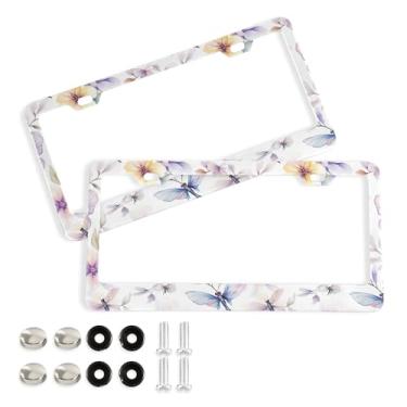 Imagem de SEHANY Molduras de placa de licença de flores florais coloridas, capas de moldura de placa de carro de alumínio à prova de ferrugem com orifícios elípticos e parafusos serve para veículos padrão dos