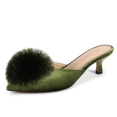 Imagem de Fericzot Mules femininas de salto gatinho com bico fino e costas nuas, sem cadarço, salto baixo, salto baixo, sapatos de salto baixo, Verde, 38