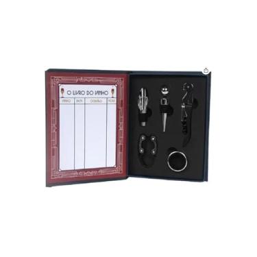 Imagem de Kit Vinho Completo 5 Peças, Saca-Rolhas, Anel Salva-Gotas, Tampa, Dispensador, Cortador de Lacre, Caixa Sofisticada