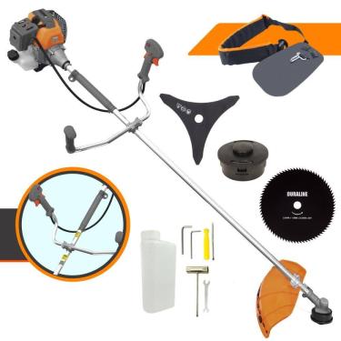 Imagem de Roçadeira À Gasolina Tekna RL430P 43cc 1,7HP de Potência 2 Tempos Alta Rotação Completa Com Carretel Nylon + Faca 3 Pontas + Faca 80 Dentes 255mm