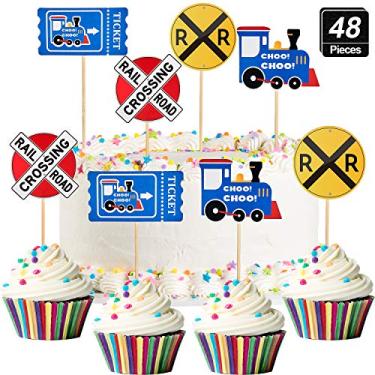 Imagem de Blulu 48 peças decoração de cruzamento de festa ferroviária travessia de trem topos de cupcake trem a vapor palhetas de cupcake para festa de aniversário ferroviária trem a vapor festa temática
