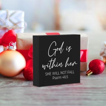 Imagem de Decoração de mesa cristã inspiradora presentes religiosos para mulheres homens versículo bíblico salmo 46:5 She Will Not Fall rústico fazenda arte casa escritório prateleira decoração de mesa