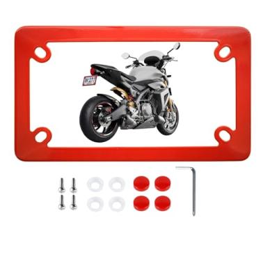 Imagem de Molduras de placa de licença de motocicleta de aço inoxidável vermelha, suporte de etiqueta fosca para bicicleta, motocicleta, ciclomotor, scooter, suporte de metal legal com parafusos e tampas de