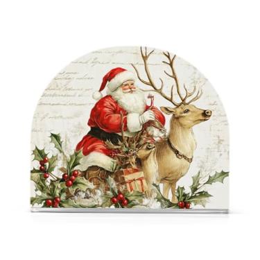 Imagem de Fustylead Porta-guardanapos de Natal vintage de Papai Noel e Rena para mesa Suportes de guardanapo vertical de acrílico para guardanapos de papel Decoração Dispensador de guardanapos para festa em