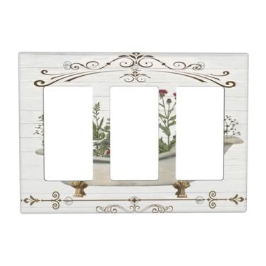 Imagem de Tulpock Capa de interruptor de luz floral rústica para casa de fazenda decorativa country madeira branca botânica 3 gangues triplo balancim placa de parede Switchpalte placa elétrica para banheiro