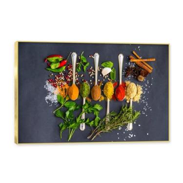 Imagem de NHLDZYH Moldura dourada. Arte de parede em tela de especiarias coloridas e colher de tempero | Decoração de cozinha vintage | Arte moderna para casa e sala de jantar. B15. 80 x 120 cm - 31,5 x 47,3