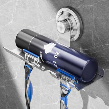 Imagem de DAOYA Ganchos de ventosa – Suporte de lâmina para chuveiro com 3 ganchos e prateleira de creme de barbear, suporte de ventosa para toalhas, esponjas (prata)