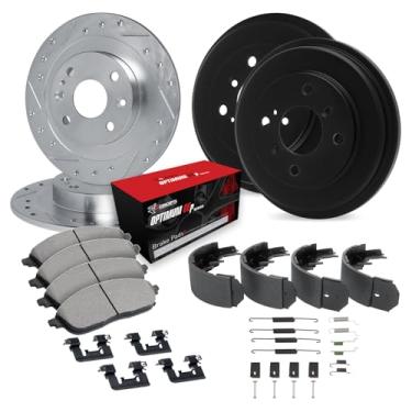 Imagem de R1 Concepts Rotor de freio a disco prateado perfurado e ranhurado e conjunto de tambor com pastilhas Oe Optimum Shoes e hardware dianteiro e traseiro 1982-1983 Audi 5000