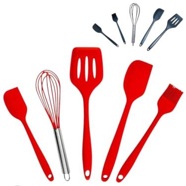 Imagem de Kit Utensílios de Cozinha de Silicone 5 Peças, Silicone e Aço Inox, com Pincel, Batedor e Espátulas, Resistente ao Calor, Antiaderente, Vermelho e Preto