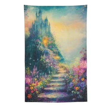 Imagem de Tapeçaria Dreamy Blue Castle Garden Staircase Wall Hanging Colorful Floral Path Landscape Art For Bedroom Living Room Dorm Apartment Romântico Conto de Fadas Wonderland DecorTapestry60 x 90