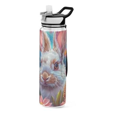 Imagem de ODAWA Garrafa esportiva transparente de 946 ml com alça de palha, coelho da Páscoa, flores coloridas, jarro de água Tritan