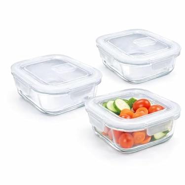 Imagem de Conjunto 3 Potes de Vidro Hermético Transparente com Tampa e Vedação em Silicone, Quadrado, 13x6,5 cm, 520ml, Freezer e Micro-ondas, para Armazenamento de Alimentos, Tampa com Travas