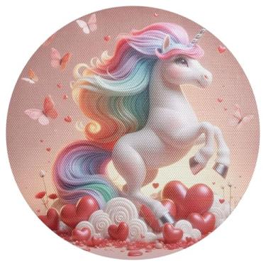 Imagem de Jogo americano círculo unicórnio dos namorados conjunto de 1 tapete de mesa de PVC 38 cm para mesa de cozinha resistente ao calor para festa de Natal