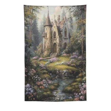 Imagem de Tapeçaria Enchanted Woodland Cottage Stream Tapeçaria para pendurar na parede Casa de pedra rústica caminho floresta paisagem arte para quarto, sala de estar, dormitório, apartamento, casa de campo