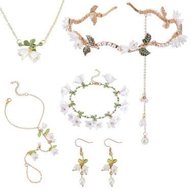 Imagem de AHANDMAKER Conjunto de joias de lírio do vale, colar de flores, pulseira, brincos, faixa de cabeça, sino, pérola, flores, esmalte, folhas verdes, borla, joias para mulheres, casamento, noiva