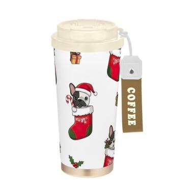 Imagem de TSENQUE Copo de café de 473 ml com tampa de canudo e filp, copo de parede dupla isolado a vácuo com revestimento cerâmico, desenho animado buldogues franceses de Natal