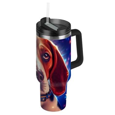 Imagem de Joisal Beagle America 4th July Tumblers with Lids and Straws Funny 850.5 g Tumbler with Handle Garrafa de Água Isolada Aço Inoxidável Carros Caneca de Café Bebida Quente