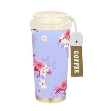 Imagem de TSENQUE Copo de café de viagem 473 ml com tampa de canudo e filp, copo de parede dupla isolado a vácuo com revestimento cerâmico, estampa pastel flamingos rosa