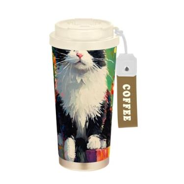 Imagem de TSENQUE Caneca de café de viagem de 473 ml com canudo e tampa, caneca de café de aço inoxidável à prova de vazamento para escritório, escola, festa, acampamento, Natal festivo, gato preto