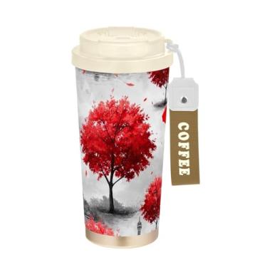 Imagem de Copo de café de viagem de 473 ml com tampa de canudo e filp, copos de parede dupla isolados a vácuo com revestimento cerâmico, árvores vermelhas da Torre Eiffel