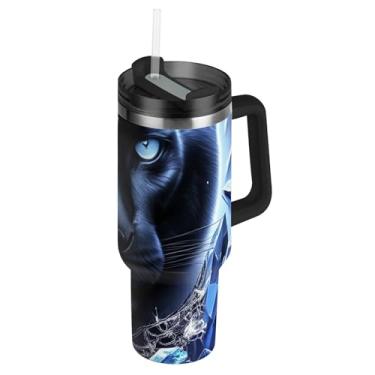 Imagem de Copo com alça 1,134 g Copos de aço inoxidável com tampa e canudo Garrafas de água com isolamento térmico Caneca de café quente para carro Tigre Pantera Preto Rosas azuis