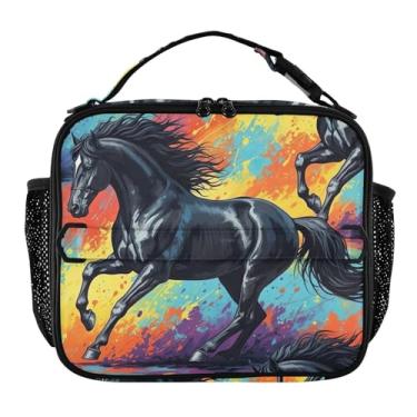 Imagem de Joisal Lancheira colorida com estampa de cavalo preto para mulheres, meninas, lancheira masculina e infantil, lancheira para trabalho, bolsa térmica para meninos