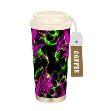 Imagem de TSENQUE Caneca de café de viagem de 473 ml com tampa de canudo e filp, copo de parede dupla isolado a vácuo com revestimento cerâmico, folhas roxas vibrantes verde preto