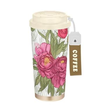 Imagem de TSENQUE Copo de café de 473 ml com canudo e tampa de enchimento, copo de café de aço inoxidável à prova de vazamento para escritório, escola, festa, acampamento, floral, peônia, primavera, rosa pastel