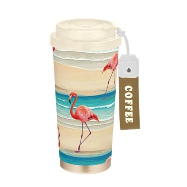 Imagem de TSENQUE Caneca de café de viagem 40 ml com canudo e tampa, copo de parede dupla isolado a vácuo com revestimento cerâmico, flamingos rosa, praia, turquesa, mar